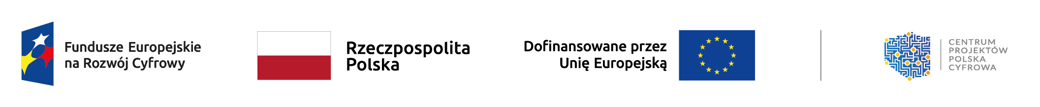 Obraz przedstawia logotypy Funduszy Europejskich na Rozwój Cyfrowy, Flagę Rzeczpospolitej Polskiej wraz z napisem Rzeczpospolita Polska, Flagę Unii Europejskiem z dopiskiem Dofinansowane przez Unię Europejską oraz logo i napis Centrum Projektu Polska Cyfrowa