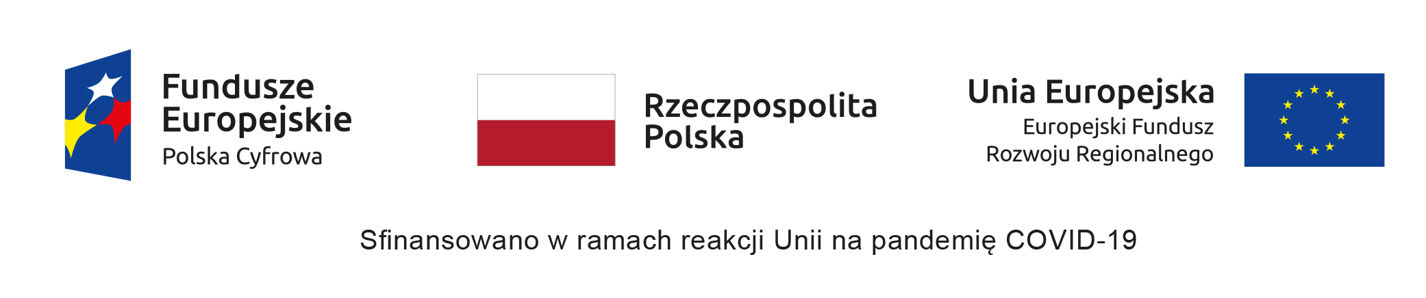Na obrazku znajduja się 3 logotypy (Funduszy Europejskich Polska Cyfrowa, Rzeczpospolitej Polski, Uni Europejskej, Europejskiego Funduszu Rozwoju Regionalnego oraz napis 