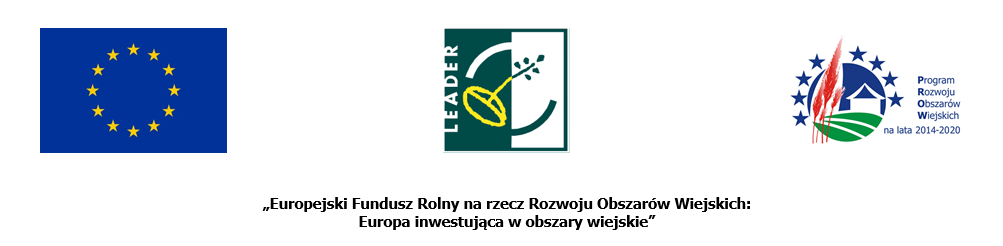 Obraz przedstawia trzy logotypy. Pierwszy logotyp przedstawia flagę Unii Europejskiej, drugi logotyp przedstawia logo inicjatywy leader. Natomiast trzeci symbol PROW 2014-2020 składa się z uproszczonego wiejskiego pejzażu wpisanego w koło. Domek znajdujący się na pagórkowatych polach z pierwszoplanowymi kłosami zboża w sposób bezpośredni komunikuje kierunek działania programu, którego logo jest symbolem. Gwiazdy otaczające pejzaż utożsamiają związek ze Wspólnotą Europejską. Charakter graficzny znaku symbolizuje wspólnotową pomoc w modernizacji i stabilizacji obszarów wiejskich.