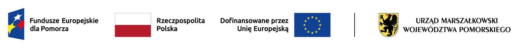 Logotypu Funduszy Europejskich dla Pomorza Obraz przedstawia znak oraz nazwę Funduszy Europejskich dla Pomorza, flagę Rzeczpospolitej Polskiej, zapis Dofinansowane przez Unię Europejską oraz flagę UE, a także herb Urzędu Marszałkowskiego Województwa Pomorskiego