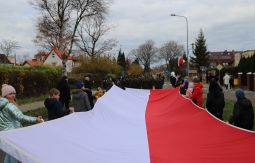 dzieci niosą flagę narodową, w tle uczestnicy